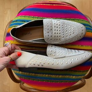 qupid | silver satin studded flats